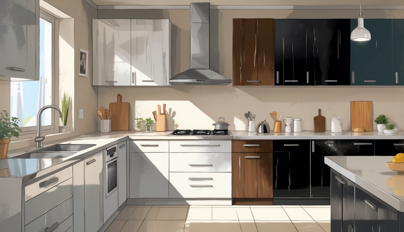 A kitchen with different cabinet finishes showing signs of wear and a homeowner standing in the background looking concerned.
