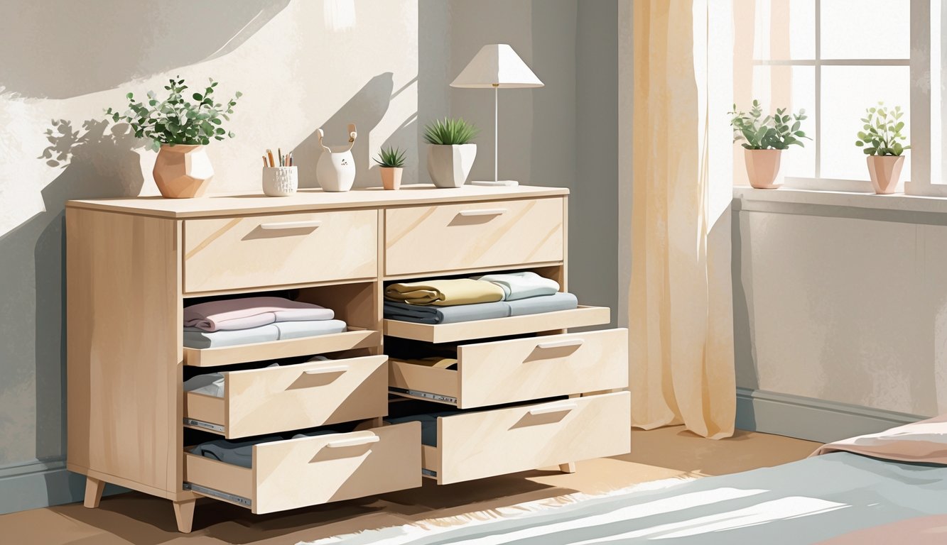 A neatly organized single dresser in a bedroom with folded clothes inside drawers and decorative items on top.
