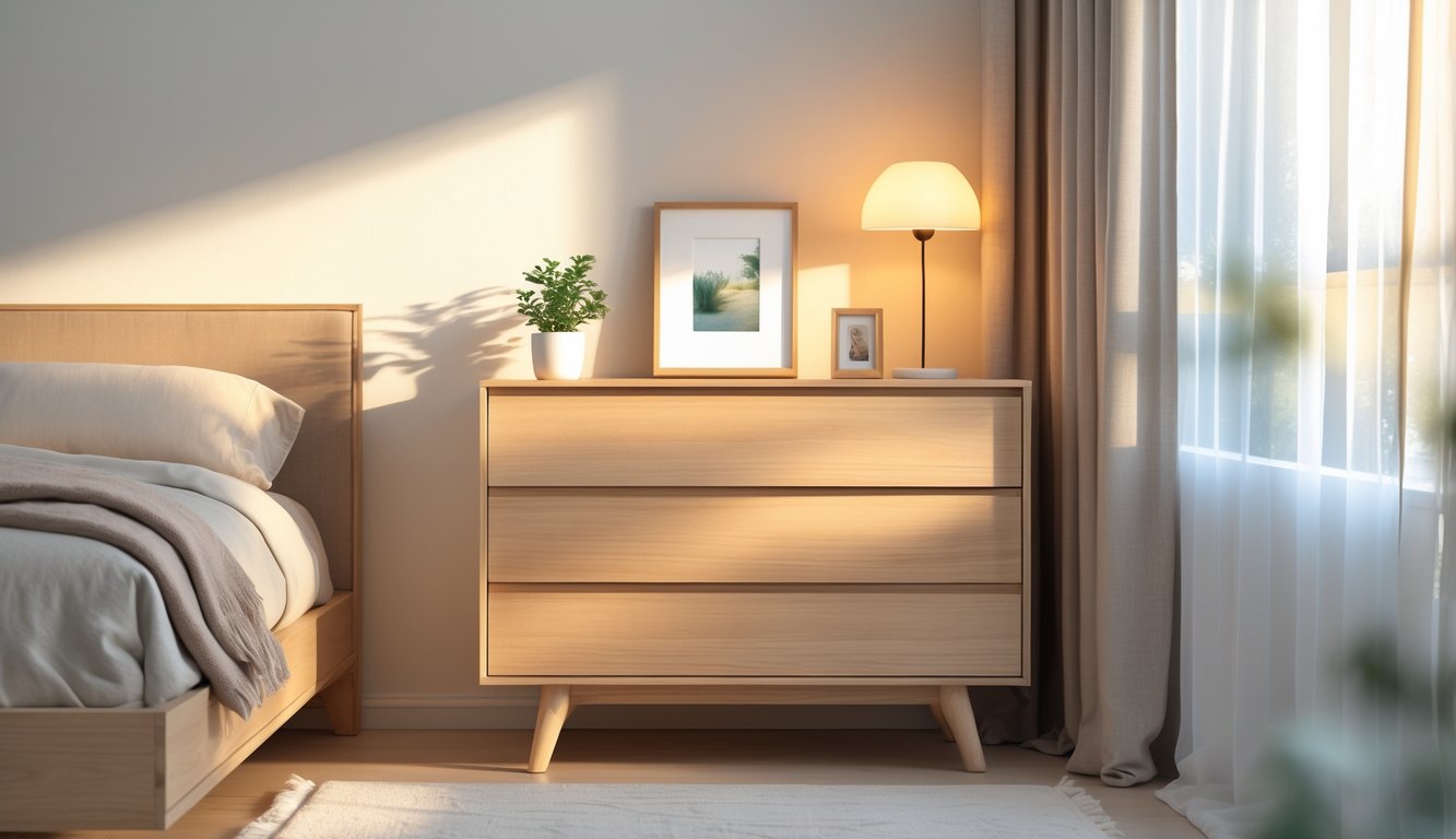 A tidy bedroom with a single wooden dresser topped with a plant, photo frame, and lamp, next to a neatly made bed and a window with sheer curtains.