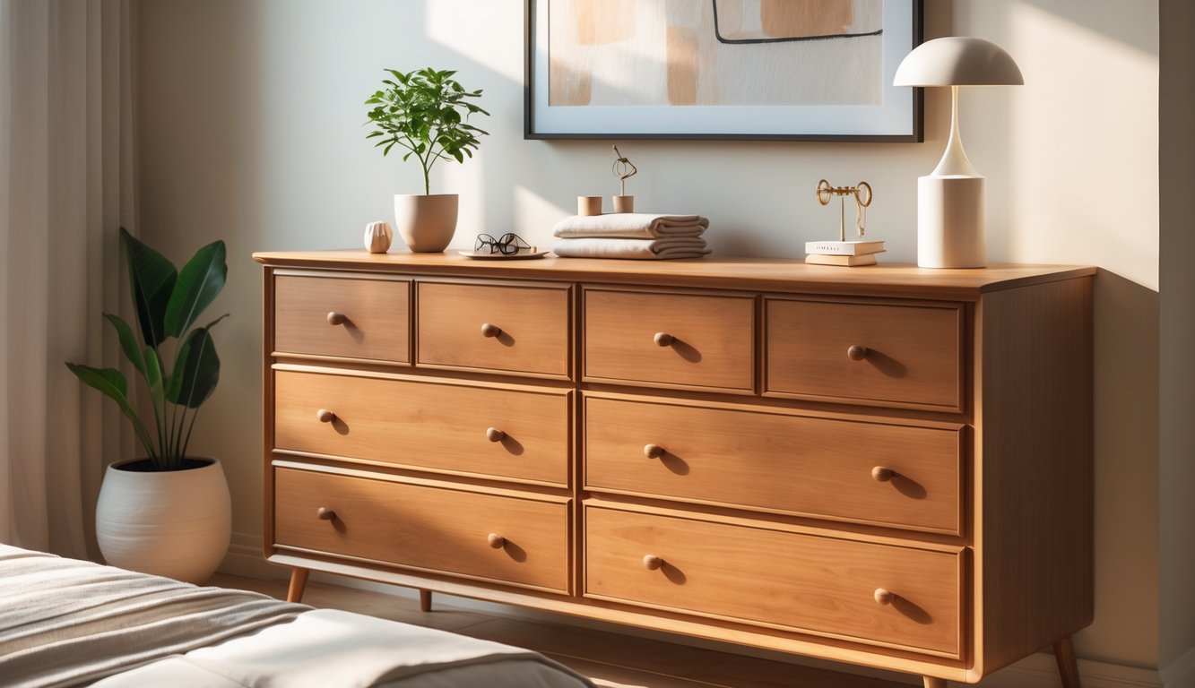 A single wooden dresser with drawers in a bedroom, topped with a plant, jewelry holder, lamp, and folded clothes, set against a neutral wall with artwork.