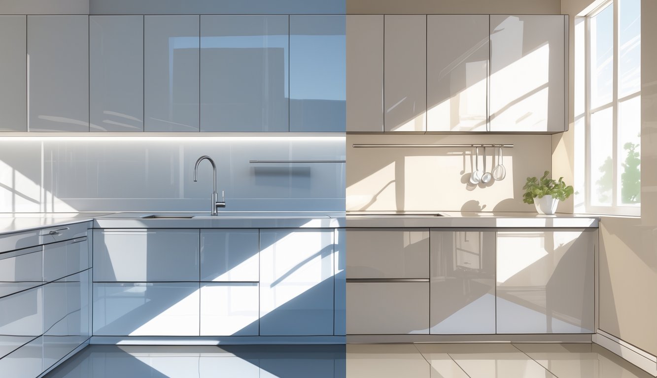 A modern kitchen showing cabinets with shiny high-gloss finishes on one side and visible wear and smudges on the other side.