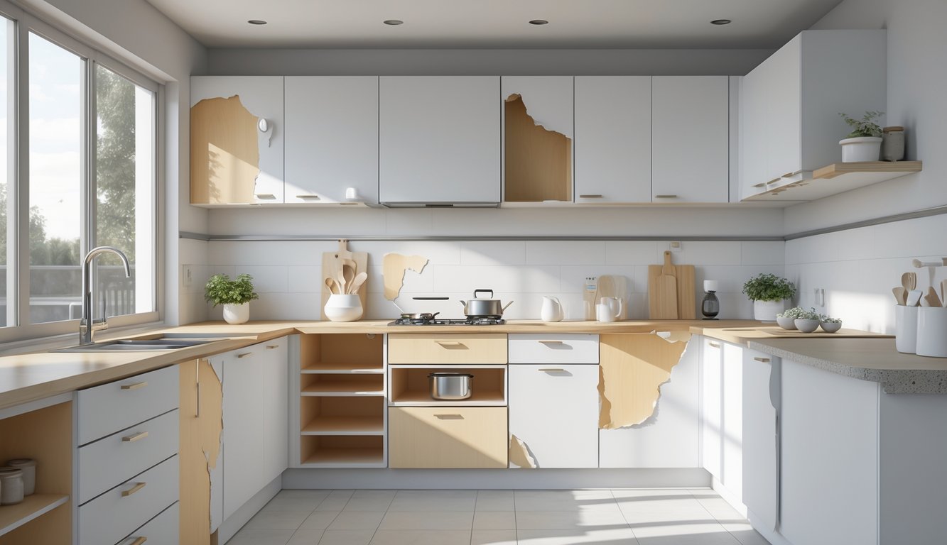 A modern kitchen showing cabinets with visible wear and damage on their surfaces, illustrating durability issues.