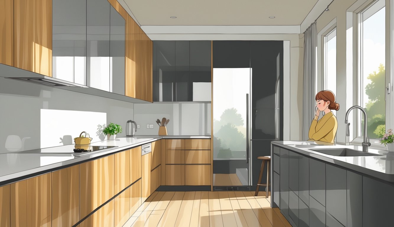 A kitchen scene showing two types of cabinet finishes side by side, with a person looking at them thoughtfully.