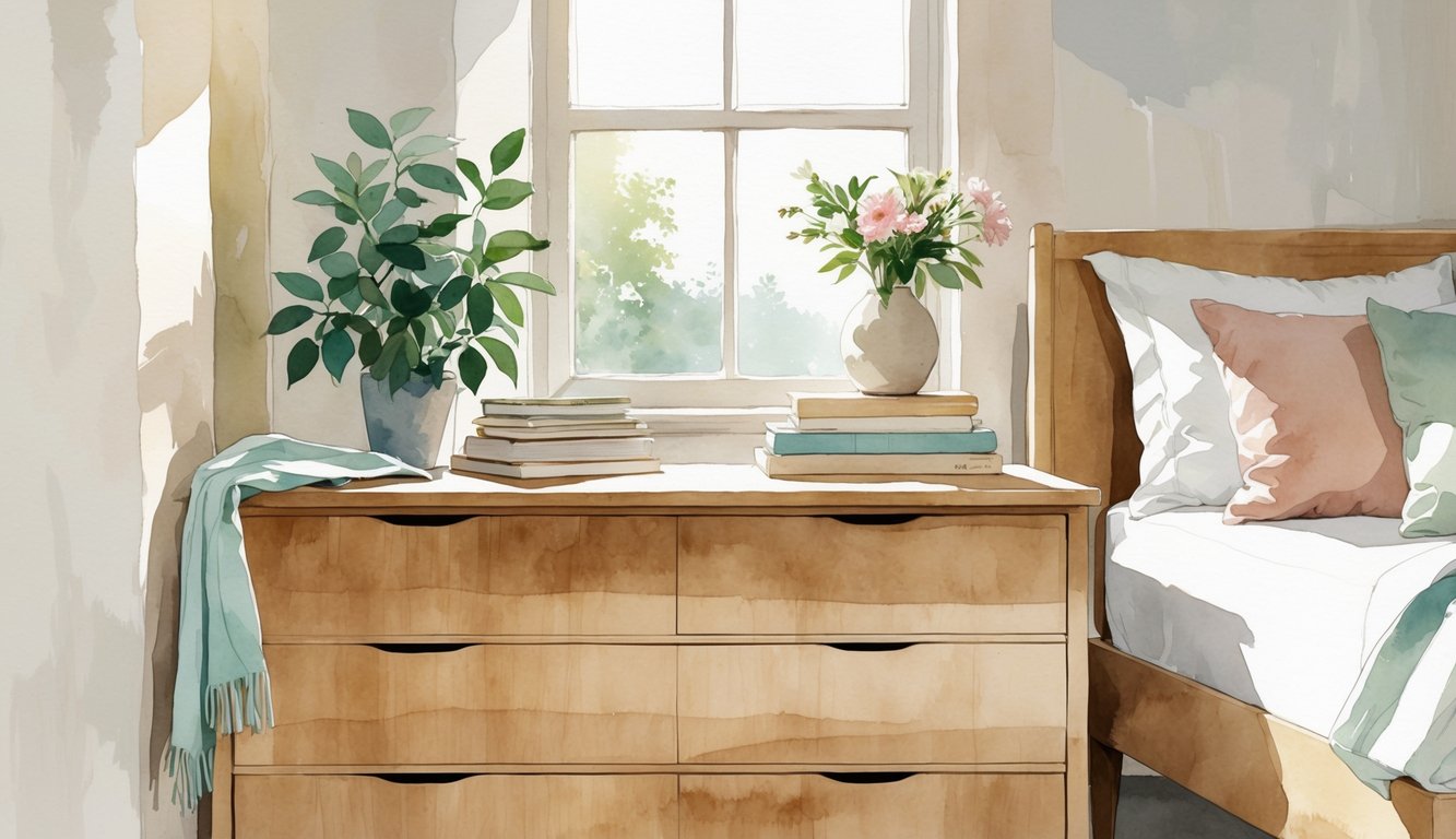 A tidy bedroom featuring a single wooden dresser with a plant, books, and a vase, next to a bed with white linens and pillows.