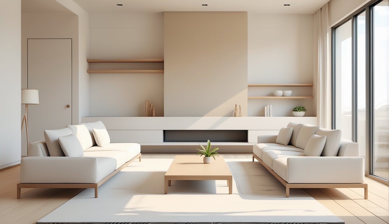 A modern living room with a sofa, coffee table, large windows, and minimal furniture creating a calm and uncluttered space.
