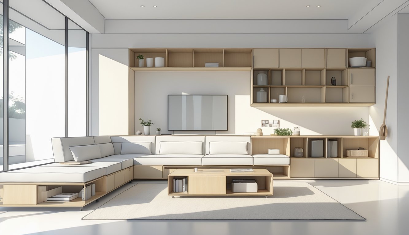 A modern living room with a sofa, coffee table, wall shelves, and cabinets designed for storage, illuminated by natural light.