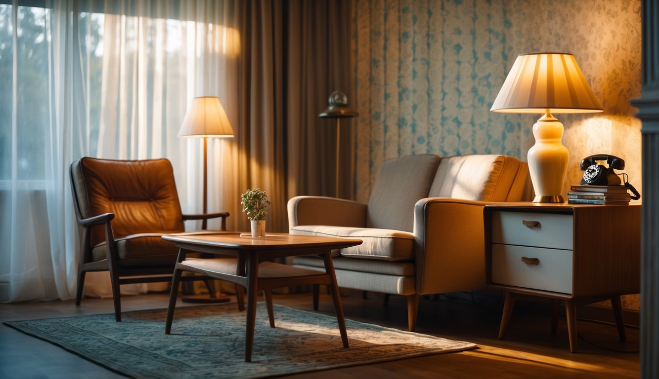 A cozy living room with vintage furniture, patterned wallpaper, and soft natural light creating a nostalgic atmosphere.
