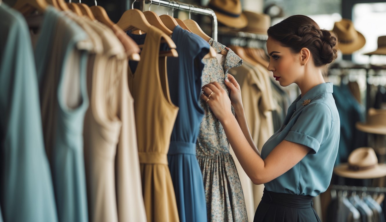 A person examining a vintage dress in a clothing store filled with retro garments and accessories.