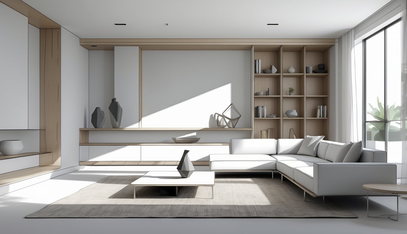 A bright, spacious living room with a sofa, coffee table, shelves with decorative items, and large windows letting in natural light.