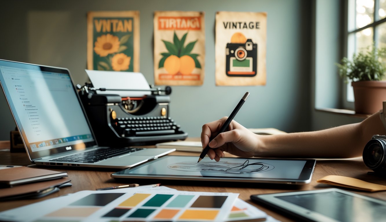 A workspace showing hands sketching on a digital tablet next to a typewriter and vintage posters on the wall.