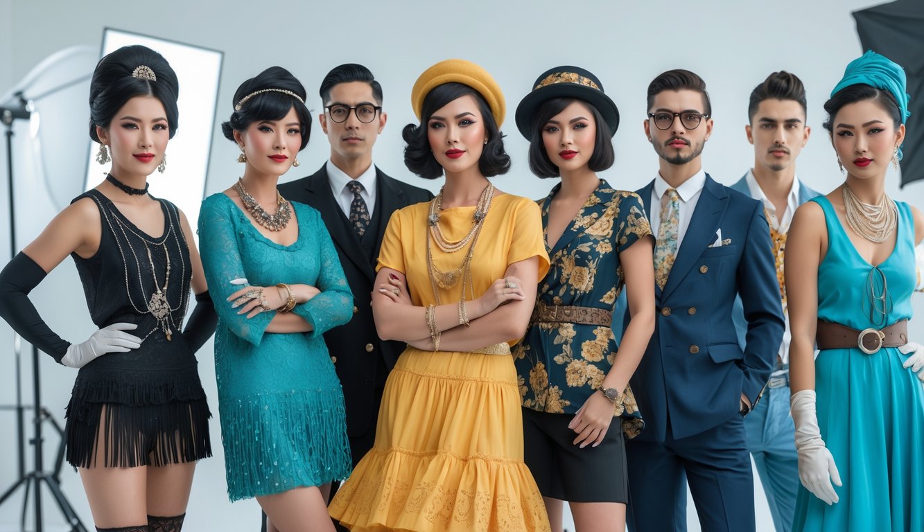 A group of stylish men and women wearing vintage clothing from different eras posed confidently in a clean studio setting.
