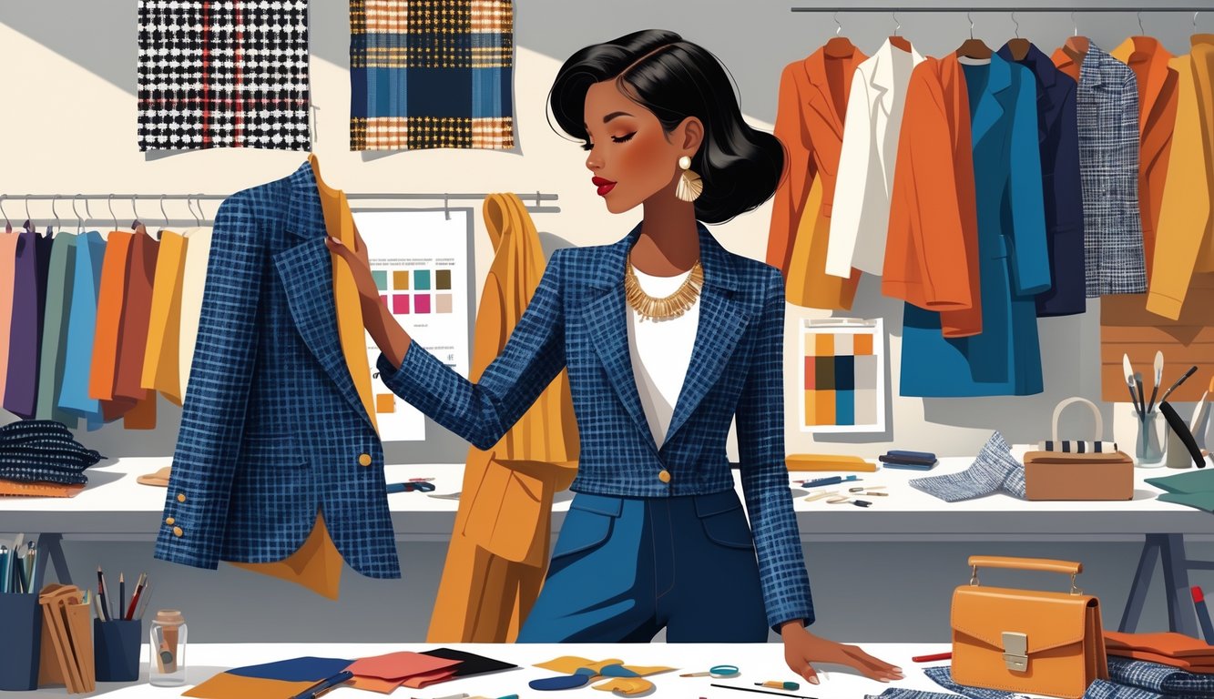 A fashion designer in a studio examining a vintage blazer and a modern accessory, surrounded by clothing and design materials.