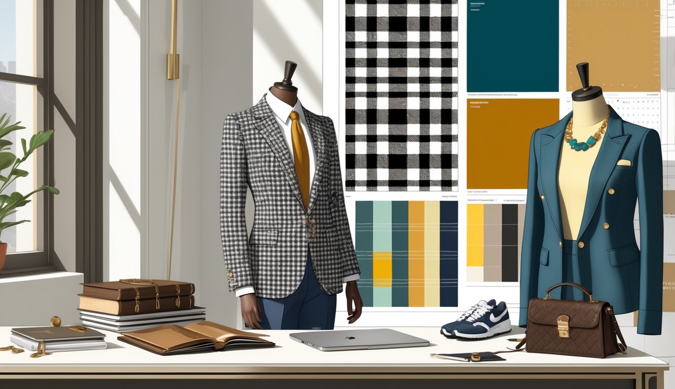 A workspace with a mannequin dressed in classic and trendy clothing, a desk with a notebook, laptop, and fashion magazines, and a mood board with fabric samples and color swatches.
