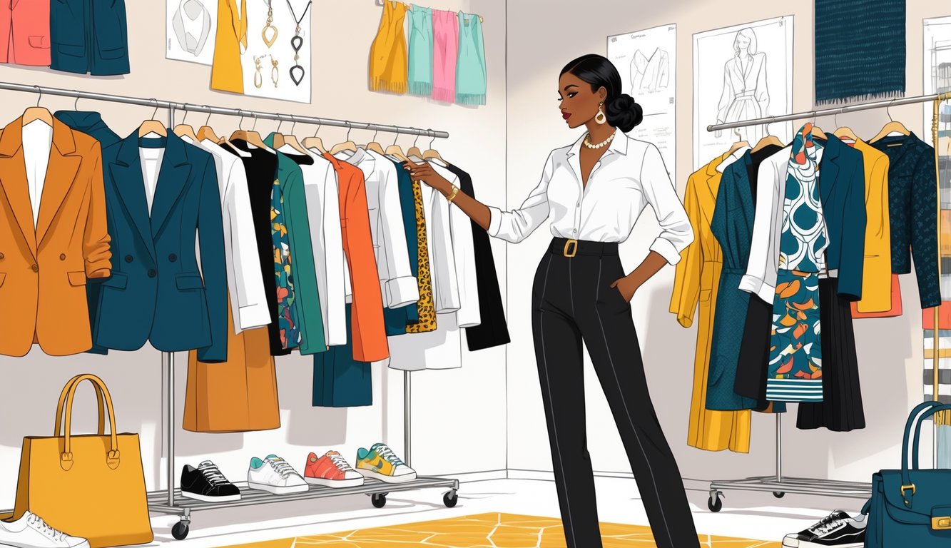 A fashion consultant in a studio mixing classic clothing pieces with trendy accessories surrounded by racks of clothes and fashion sketches.