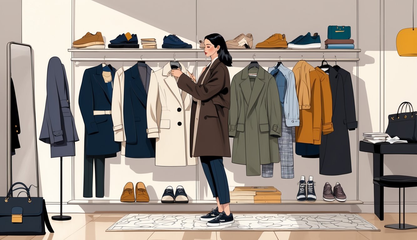 A person choosing clothes from a wardrobe that mixes classic and trendy fashion items.