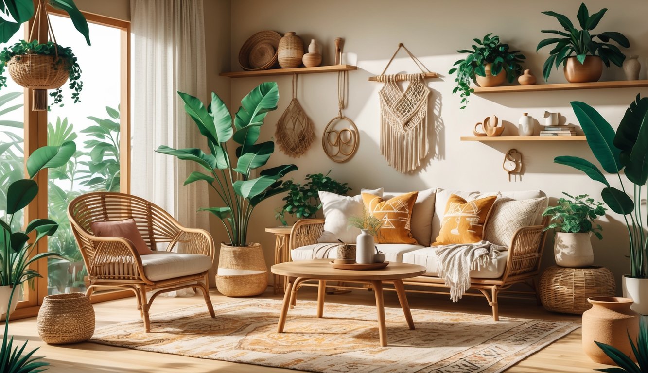 A cozy living room with rattan furniture, plants, layered rugs, and a mix of natural and modern decor elements creating a warm and inviting space.