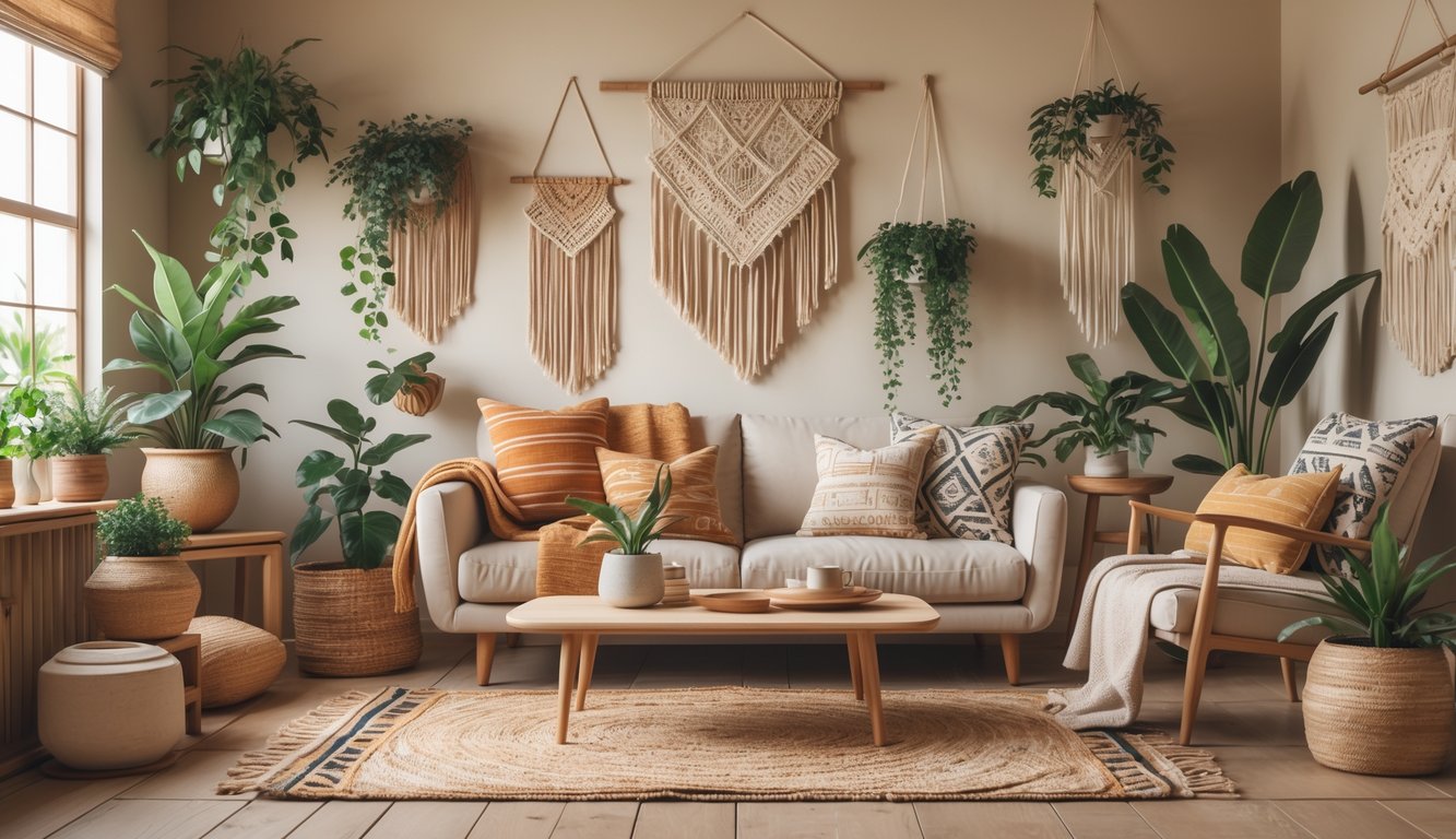 A cozy living room with earthy tones, wooden furniture, woven rugs, plants, and layered textiles creating a warm and inviting atmosphere.