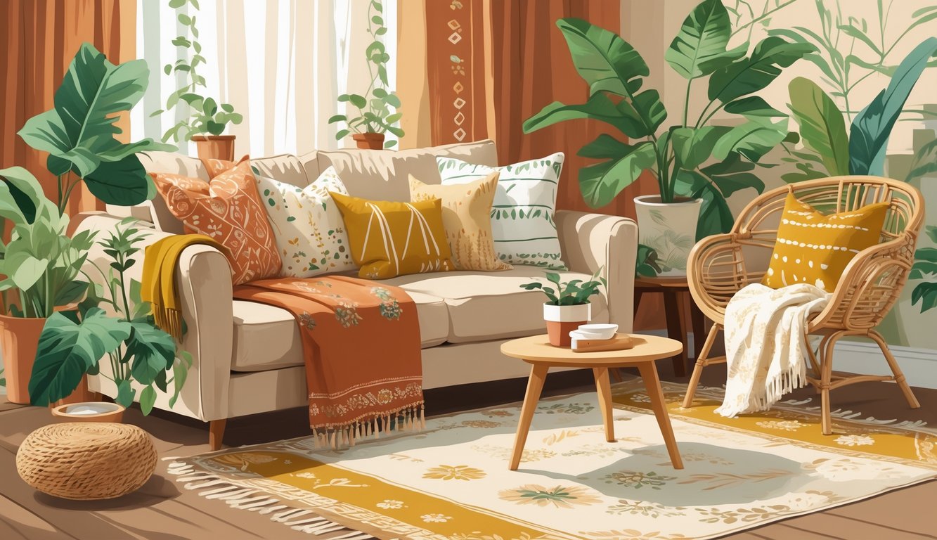 A cozy living room with a sofa, patterned cushions, a woven chair, layered rugs, wooden furniture, and green plants, all arranged in a harmonious and inviting setting.