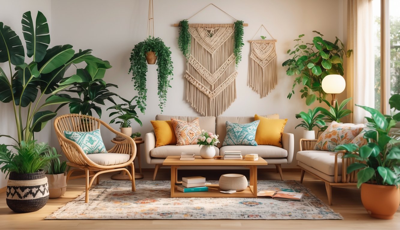 A tidy living room with natural furniture, plants, and decorative pillows arranged neatly to create a calm and inviting space.