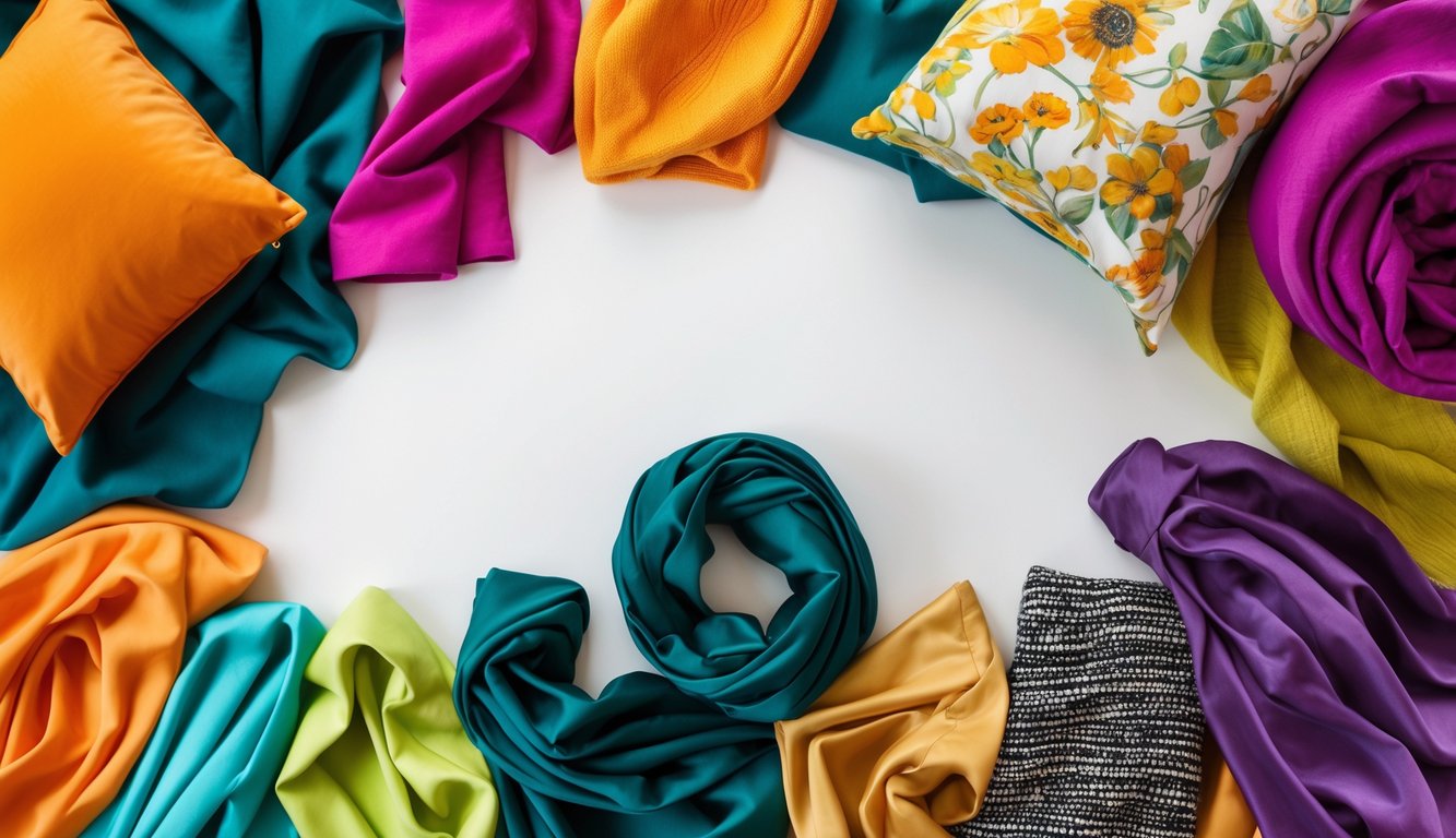 Flat lay of colorful clothing, accessories, and decor items arranged on a white surface.
