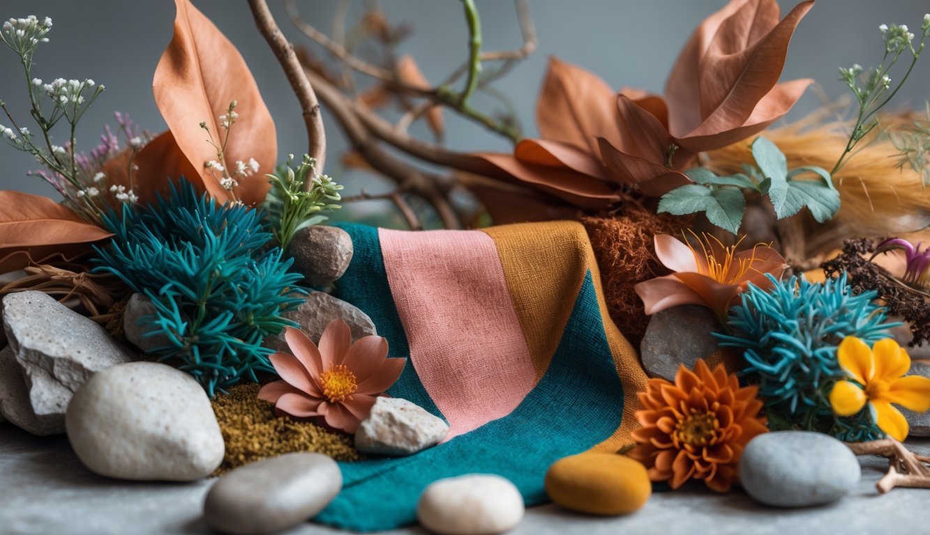 Close-up of intertwined colorful leaves, branches, stones, and flowers in earthy and vibrant tones arranged together.