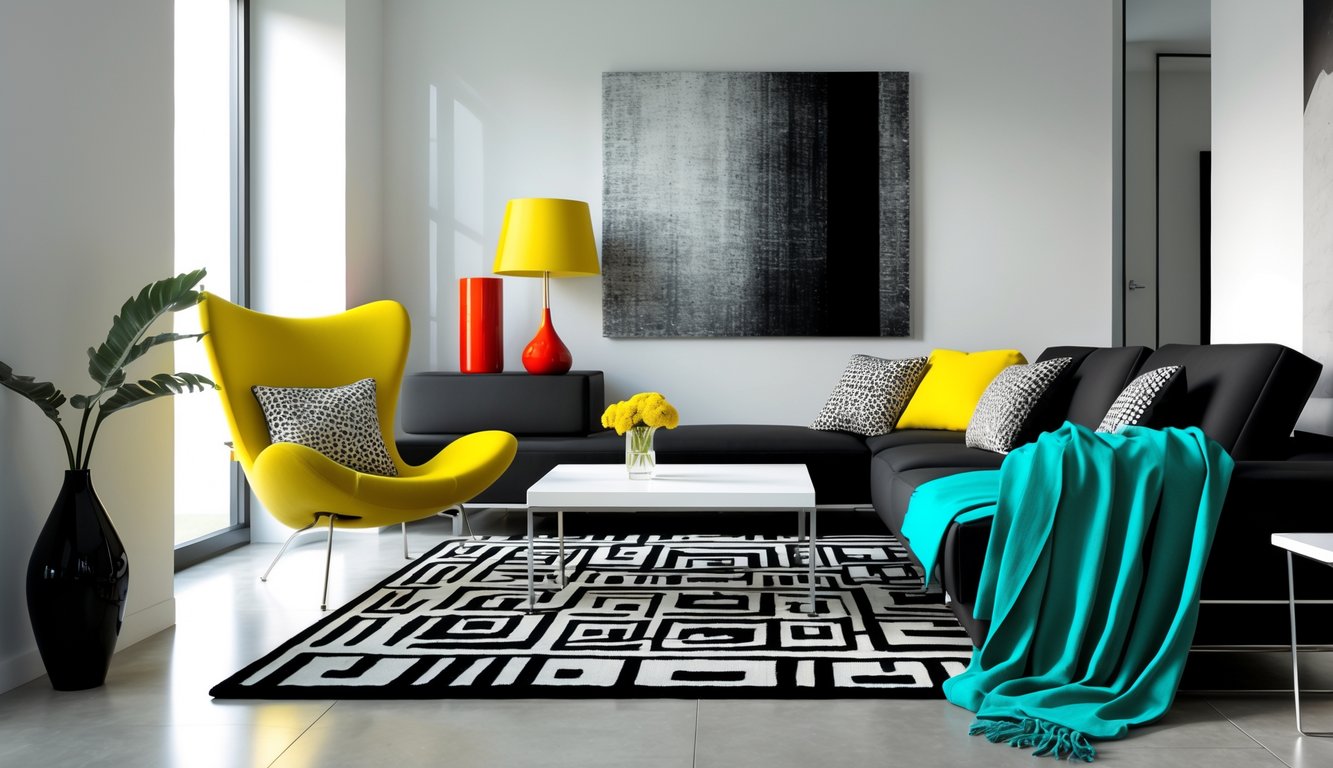 A living room with black and white furniture and bright colorful accents like yellow cushions and a red vase.