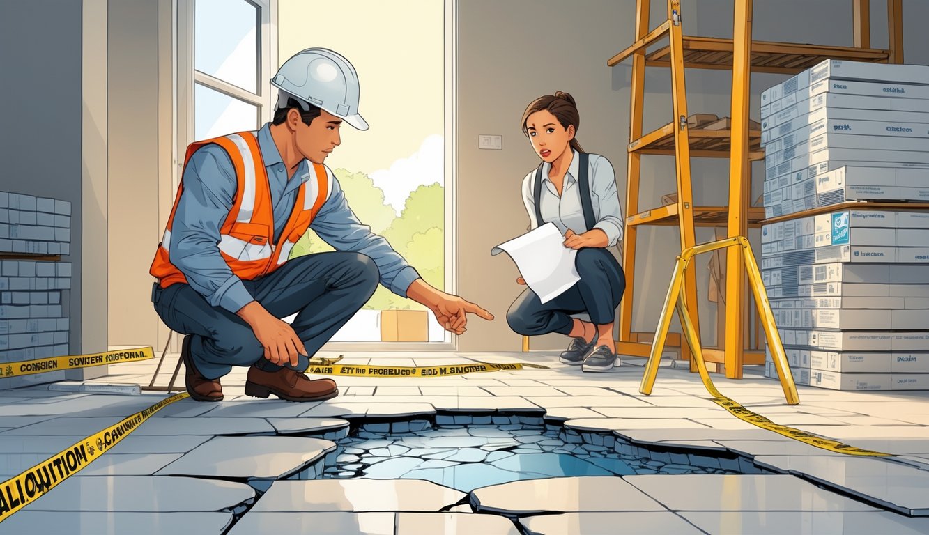A contractor points to cracked tiles on the floor while a concerned homeowner watches at a construction site with tile boxes and tools nearby.