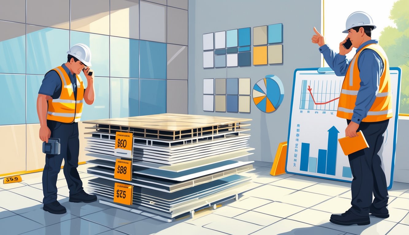 A construction site where contractors are examining expensive tiles and discussing rising tile prices.