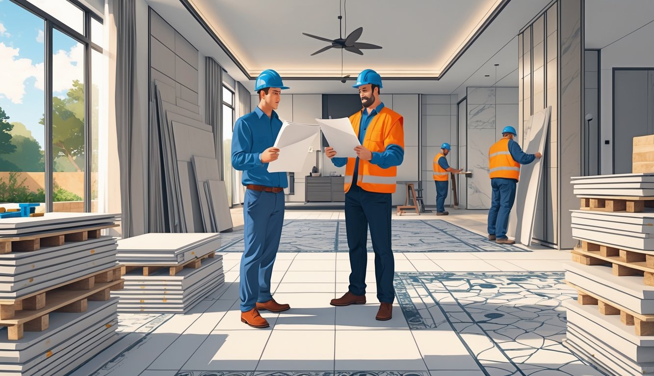 A contractor and homeowner reviewing contract papers at a construction site with high-end tiles and workers installing tiles in a luxury home.