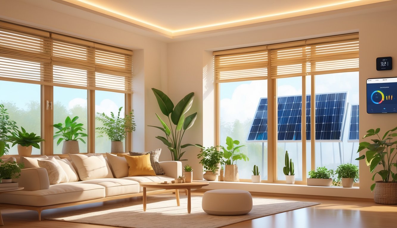 A modern living room with smart blinds, energy-efficient lighting, a smart thermostat, houseplants, and solar panels visible outside, illustrating energy-saving home decor.