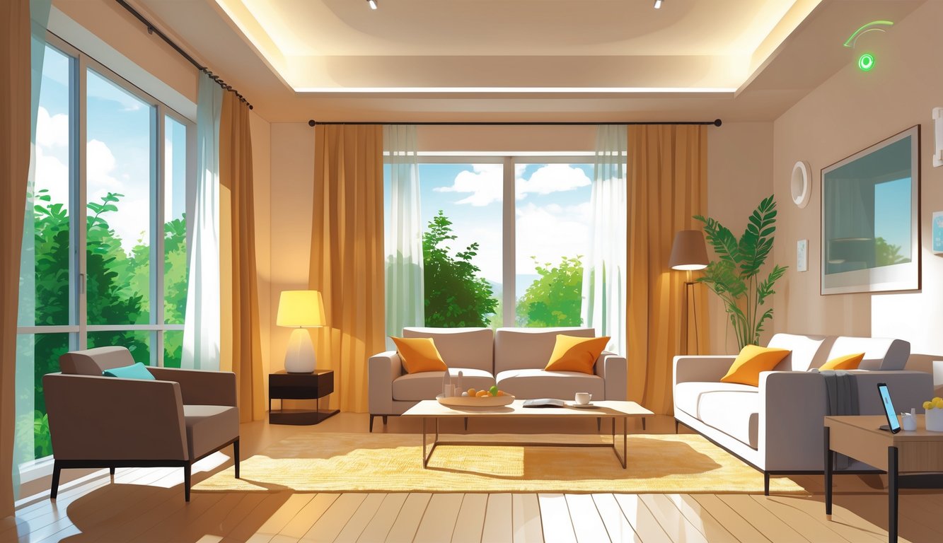 A living room with energy-saving decor including LED lights, thermal curtains, a smart thermostat, and natural daylight coming through a window.