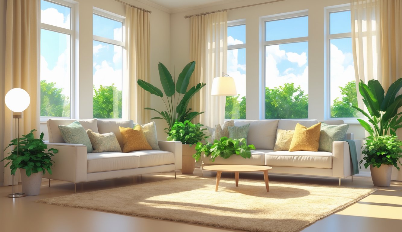 A modern living room with large windows, insulated curtains, a cozy sofa with pillows, indoor plants, and an energy-efficient floor lamp.