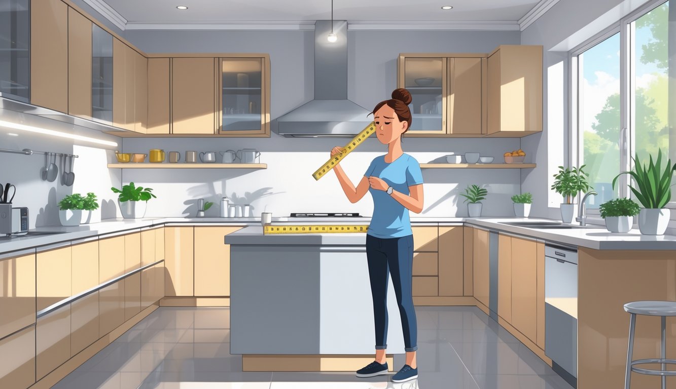 A homeowner stands in a modern kitchen looking disappointed in front of a newly installed kitchen island that disrupts the room's layout.