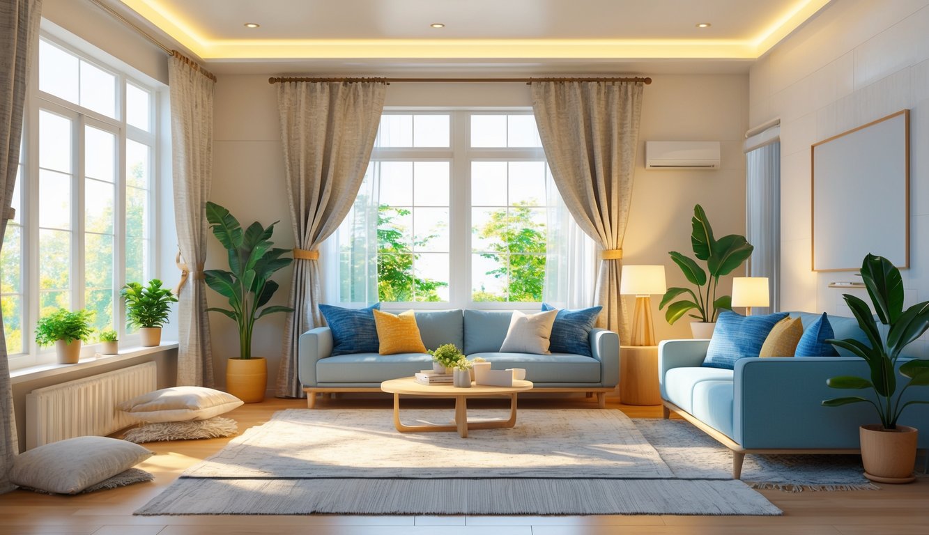 A modern living room with energy-efficient windows, insulated curtains, draft stoppers, smart thermostats, cozy rugs, and indoor plants creating a warm and comfortable environment.