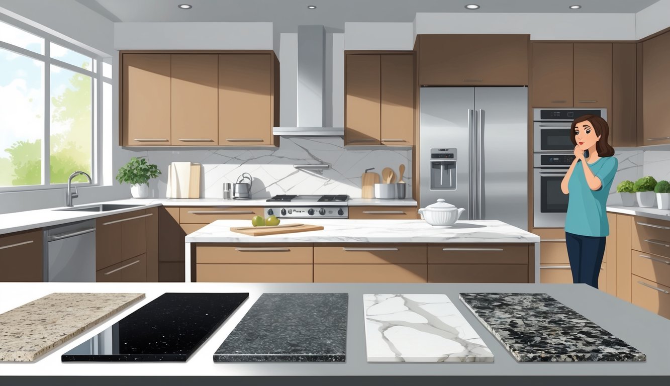 A homeowner in a modern kitchen looks thoughtfully at different countertop material samples displayed on a kitchen island.