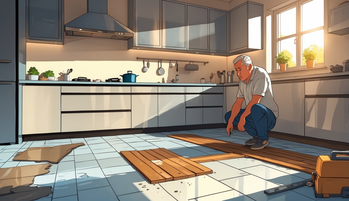 A homeowner looks concerned while inspecting a damaged kitchen floor with uneven tiles and water damage, with repair tools nearby.