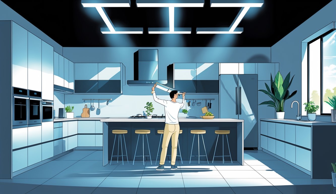 A homeowner stands frustrated in a modern kitchen with harsh overhead lighting casting strong shadows.