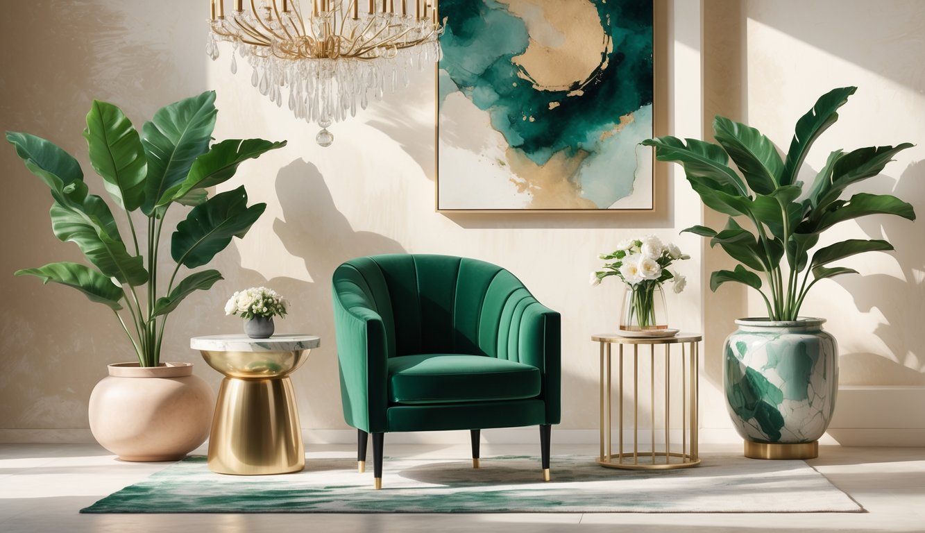 An elegant living room corner with a green velvet armchair, gold and marble side table, crystal chandelier, large indoor plant, and abstract wall art.