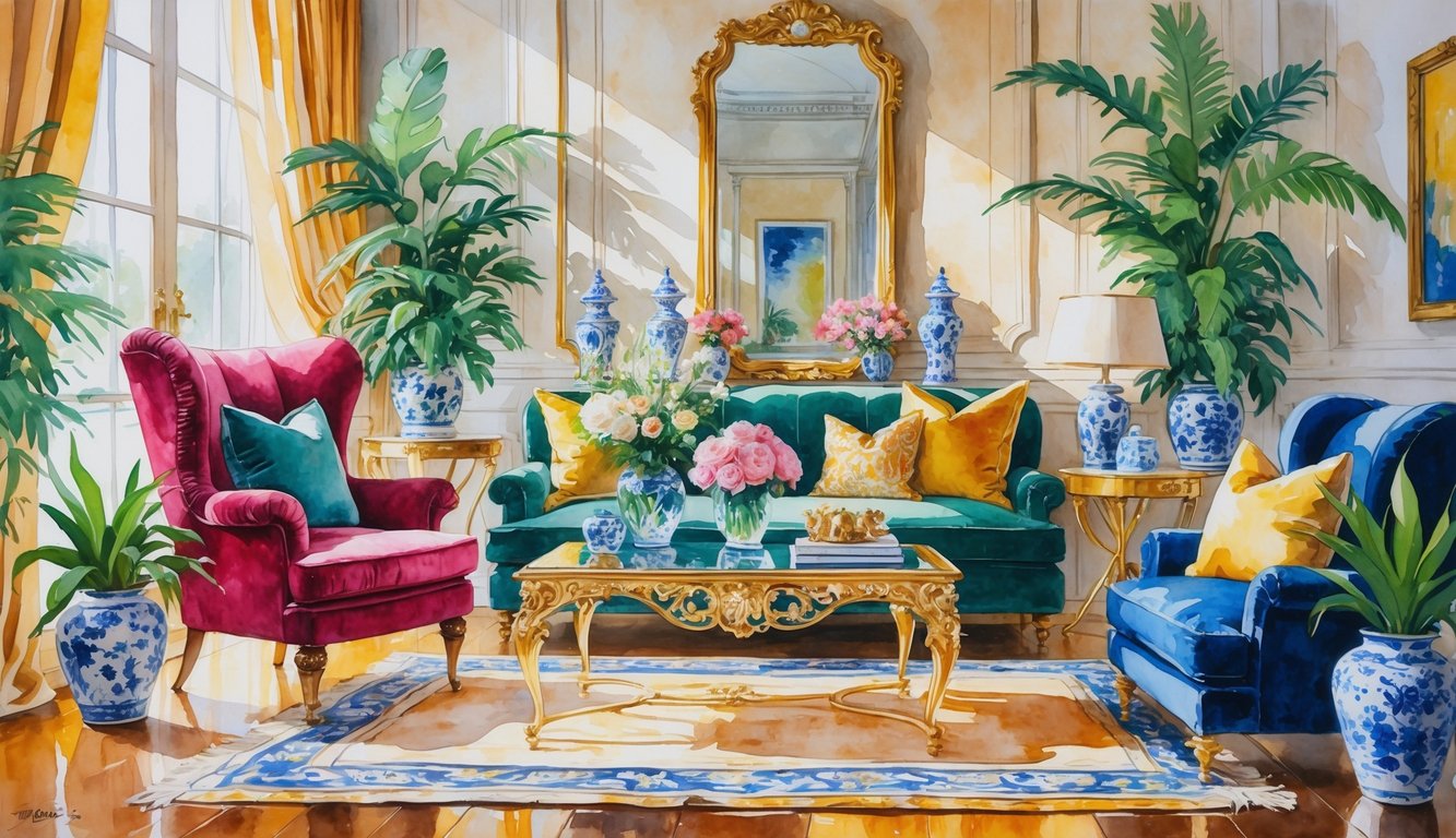 An elegant living room with a velvet armchair, gold-accented coffee table, crystal vases with flowers, large mirror, green plants, patterned rug, and warm-toned walls.