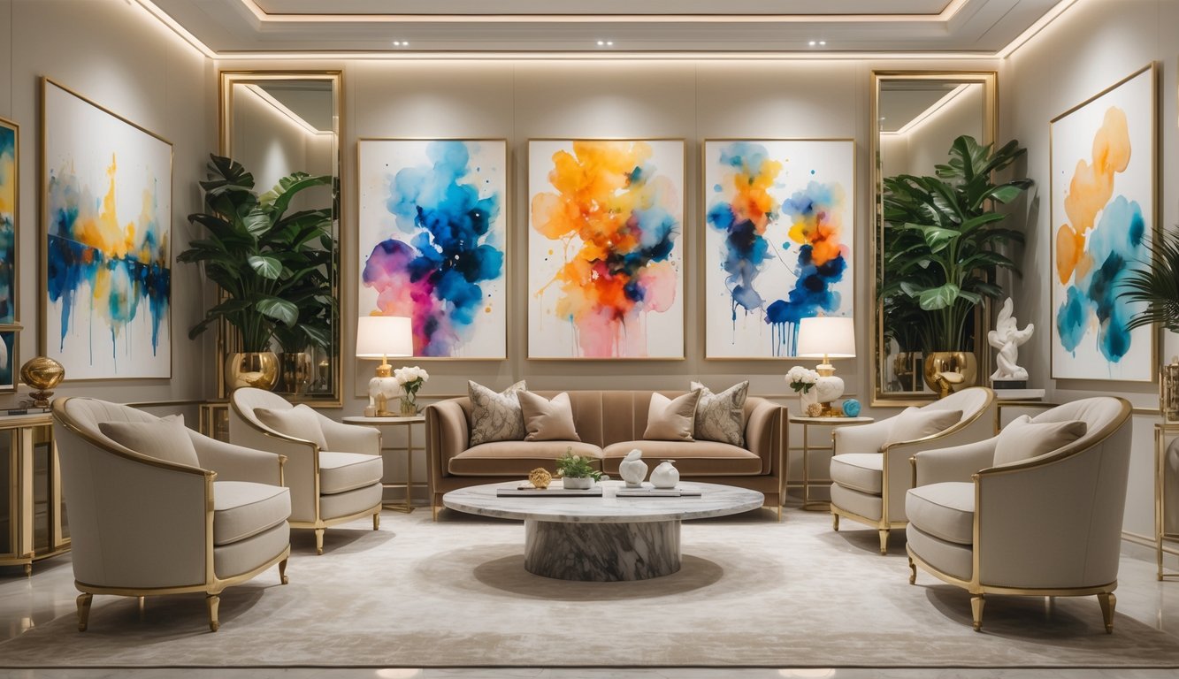 A luxurious living room with elegant furniture and vibrant abstract paintings displayed on the walls.
