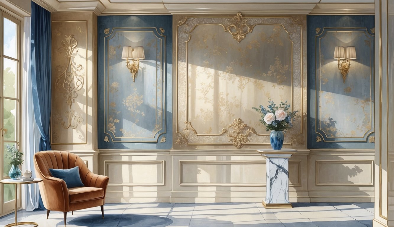 An elegant room with richly textured wallpaper, a velvet armchair, a marble side table, and a vase of flowers, bathed in soft natural light.