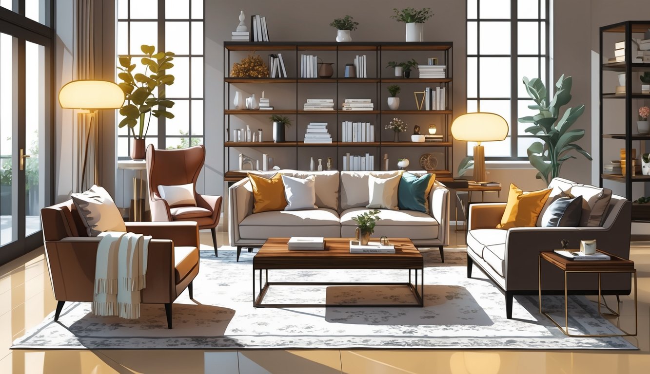 A modern living room with a sofa, coffee table, armchair, bookshelf, floor lamp, and indoor plants arranged in a cozy, stylish setting.