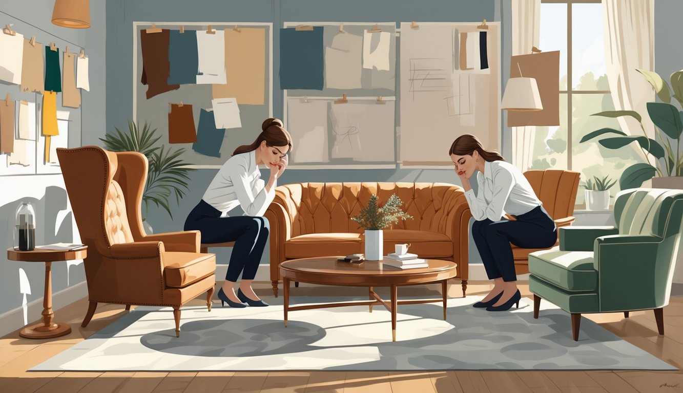 Two interior stylists in a design studio thoughtfully examining high-quality furniture pieces like a leather armchair, wooden coffee table, and velvet sofa surrounded by design materials.