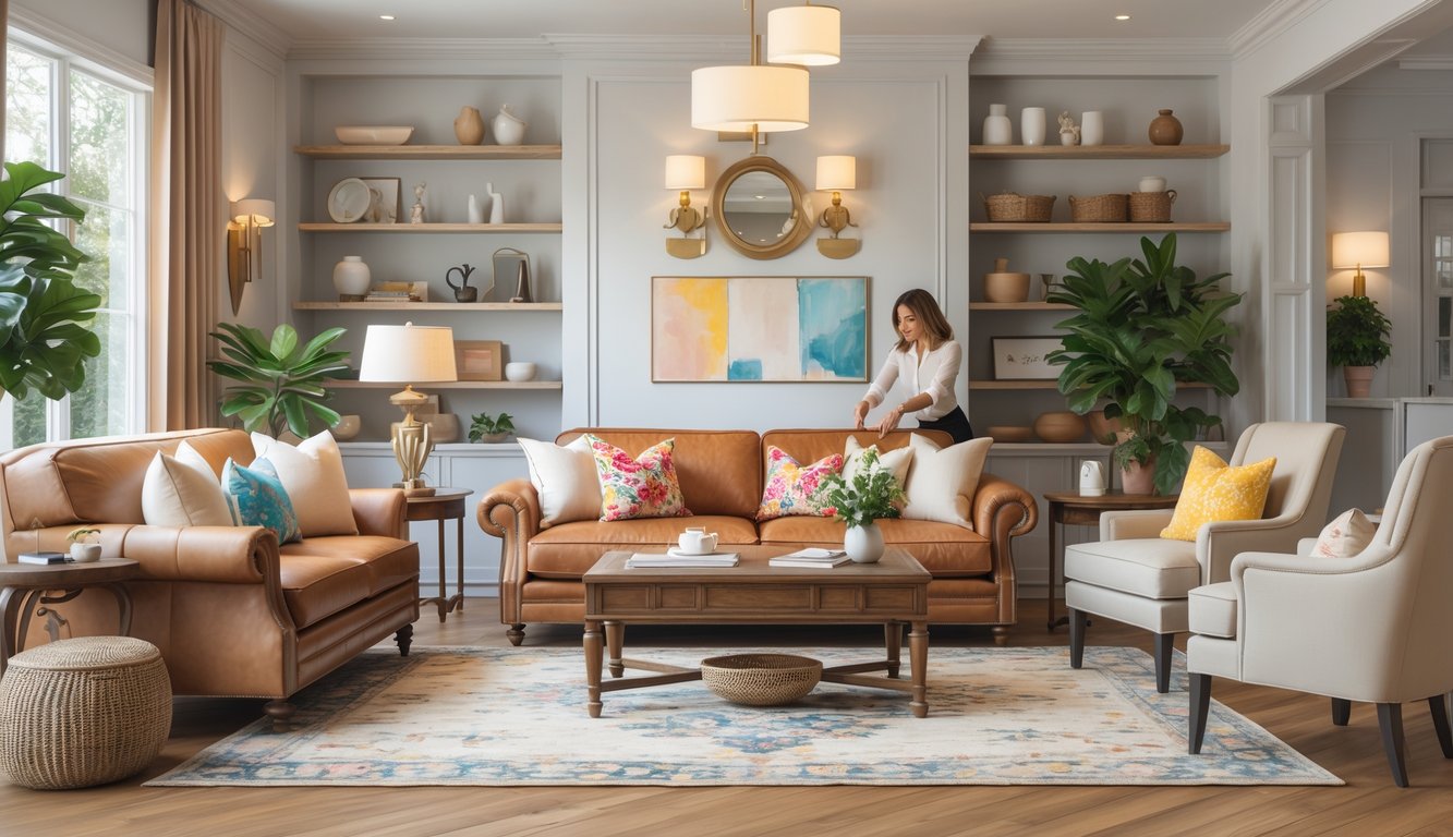 A living room with classic furniture and personal decor touches, featuring a stylist arranging cushions and decorations.