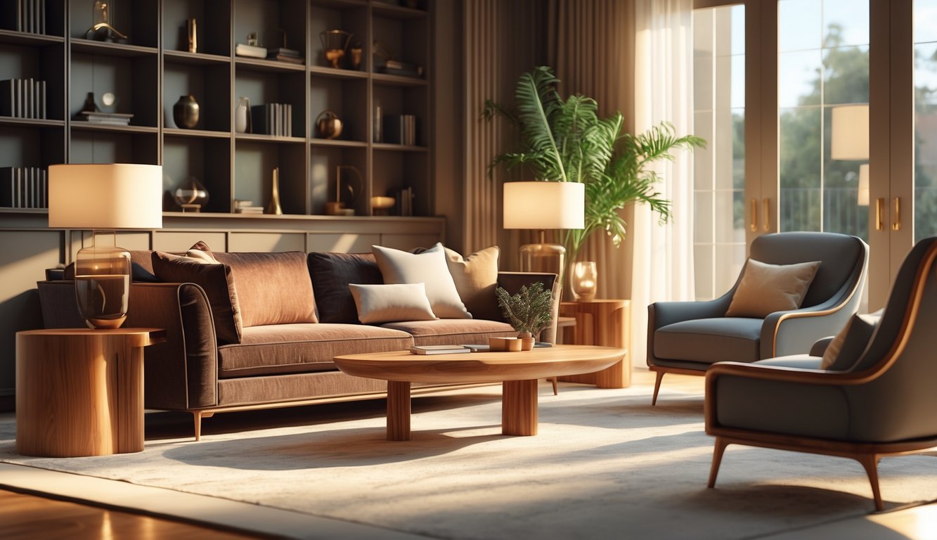 An elegant living room with high-quality sofa, wooden coffee table, and armchair, showcasing fine craftsmanship and rich materials.