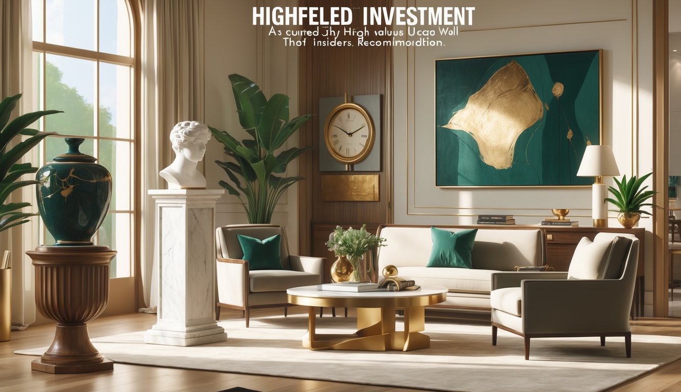 A stylish living room displaying valuable decor pieces including a marble bust, vintage clock, ceramic vase, and abstract painting, arranged in a warm and elegant interior.