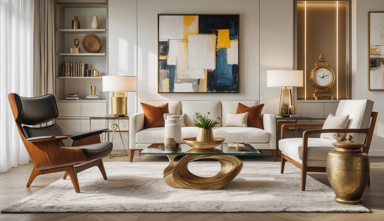 A stylish living room displaying a collection of high-quality decor items including a wooden chair, ceramic vase, abstract painting, glass coffee table, and antique clock.