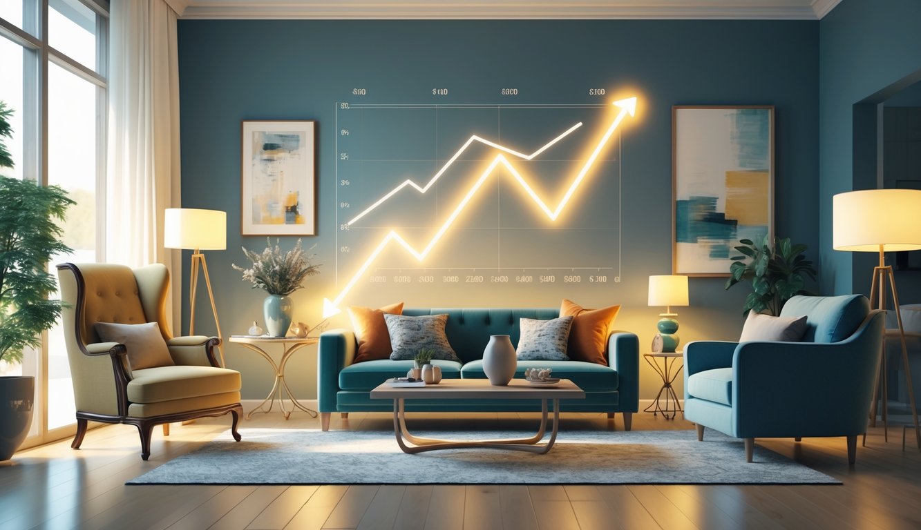 A modern living room with carefully chosen decor pieces like a vintage armchair, designer vase, coffee table, and framed artwork, with a transparent upward-trending graph overlay in the background.