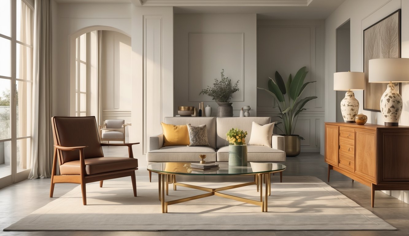 A living room with elegant furniture including a leather armchair, glass coffee table, wooden sideboard, and a decorative vase arranged in a bright, stylish space.