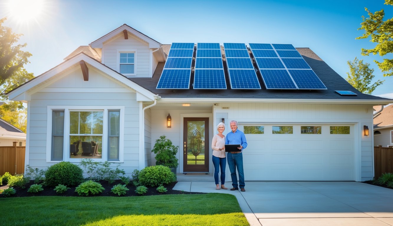 A couple standing outside a modern home with solar panels on the roof and energy-efficient windows, smiling while looking at a tablet.